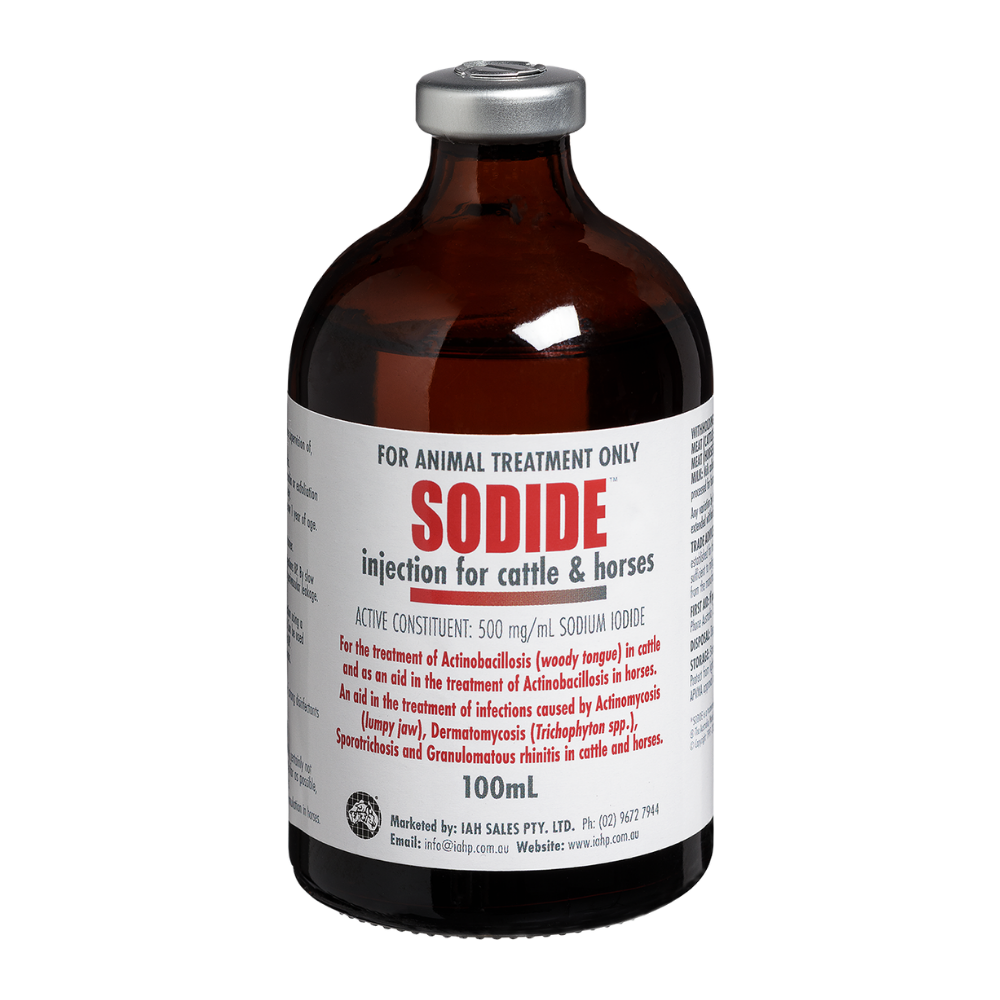 Sodide in 100ml bottle to treat woody tongue in cattle and supports treatment in horses, with added efficacy against lumpy jaw, fungal skin infections, sporotrichosis and granulomatous rhinitis in cattle and horses.