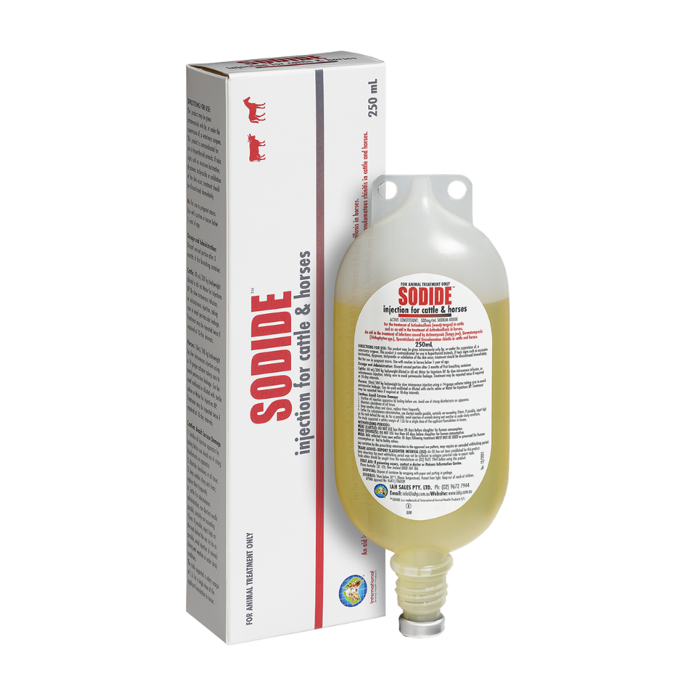 Sodide injection for cattle and horses, shown with product box and 250 mL pillow pack bottle, to treat woody tongue in cattle and supports treatment in horses, with added efficacy against lumpy jaw, fungal skin infections, sporotrichosis and granulomatous rhinitis in cattle and horses.
